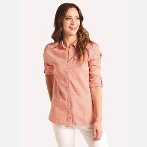 Barbour Womens Seaward Shirt Sz 8 Linen Blend Orange White Stripe Beach Nautical